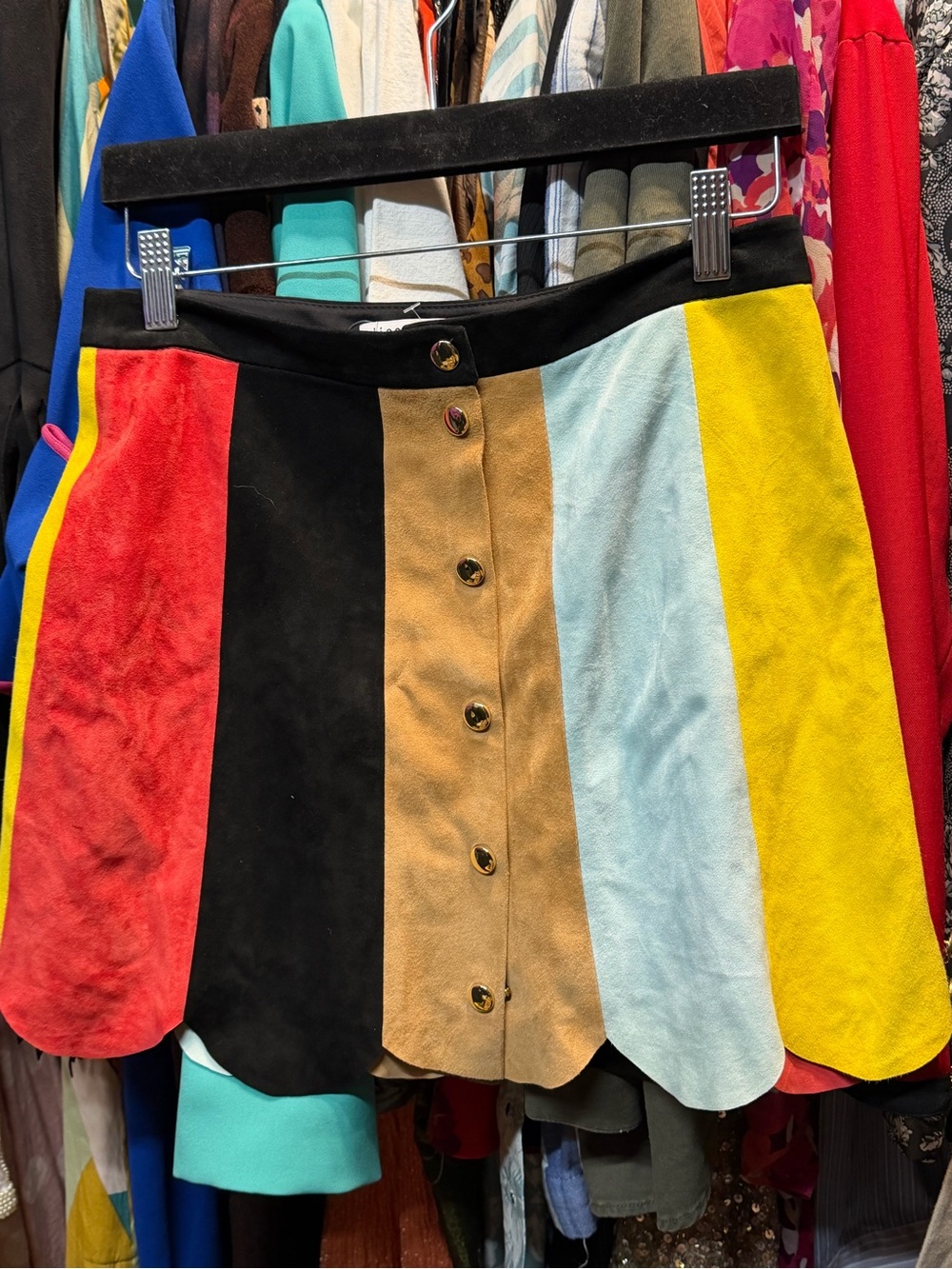 Alice + Olivia Multicolor Scalloped Panel Button-Front lamb leather Mini Skirt